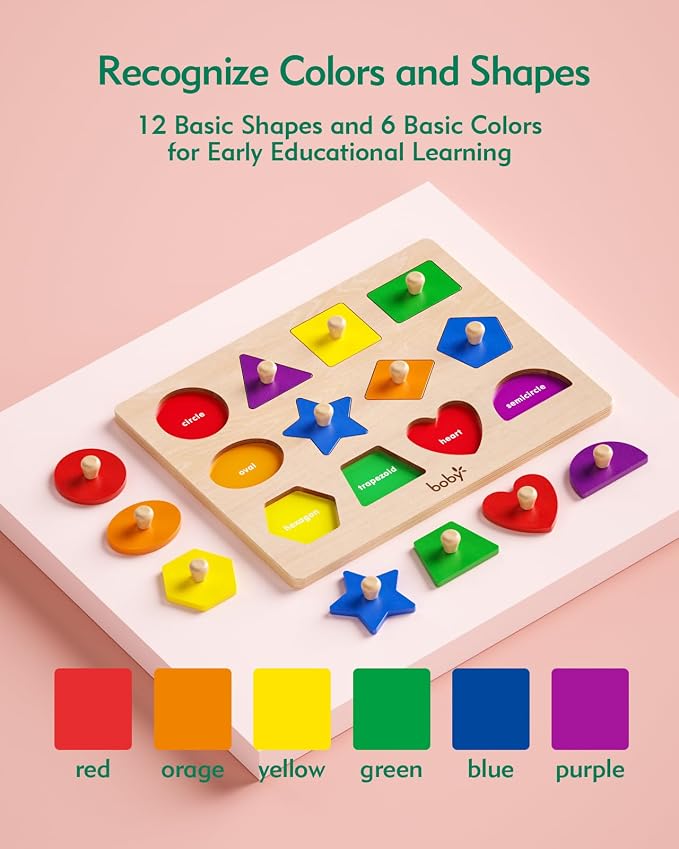boby Wooden Shape Peg Puzzle - 12 Geometric Shapes Early Learning Toy for Toddlers, Preschool Educational Shape & Color Sorter with Knobs, Montessori Fine Motor Skill Toy for 1-3 Year Old Boys & Girls