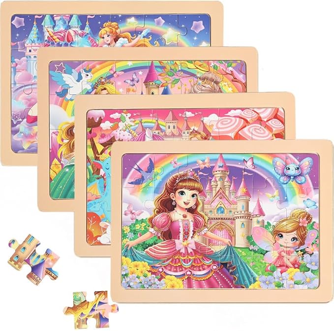 Wooden Puzzles Toys for Kids Ages 3-5, Set of 4 Packs with 24-Piece Unicorn Mermaid Princess Wood Jigsaw Puzzles, Preschool Educational Brain Teaser Toys for Girls 3 4 5 6 Years Old.