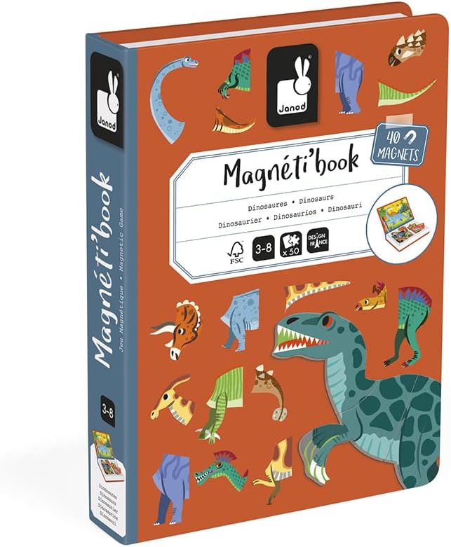 Janod - Magnetibook - Magnetic Dinosaur Mix and Match Game - 51 Magnets | Enhances Fine Motor Skills - Book Shaped Travel Storage Case - Perfect for Kids Ages 3 and Up - Fun Educational Toy