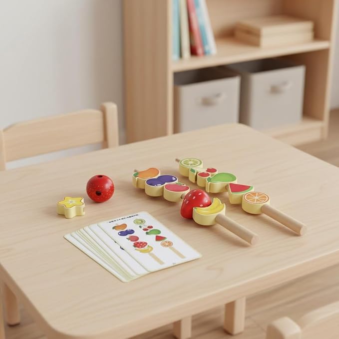 Children Cognitive Game Educational Toy Fruit Skewer Threading Game Stacking Blocks Lacing Beads Wooden Material for Early Learning Fine Motor Skills, Seafood Skewers