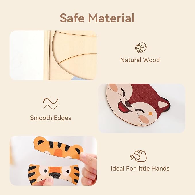 Emotion Animals Wooden Puzzle for Ages 3+, Mix-and-Match Animal Faces with Storage Box, Montessori Toy for Fine-Motor & Storytelling, Birthday
