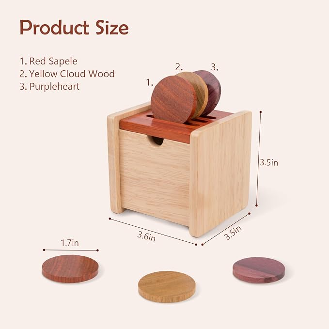 Adena Montessori Wooden Coin Box with Lid Object Permanence 6-12 Months | Solid wood smooth edges, flip lid, 6 coins, three tones. Builds grip, focus, fine motor, hand-eye. For 6-12 months. Gift.