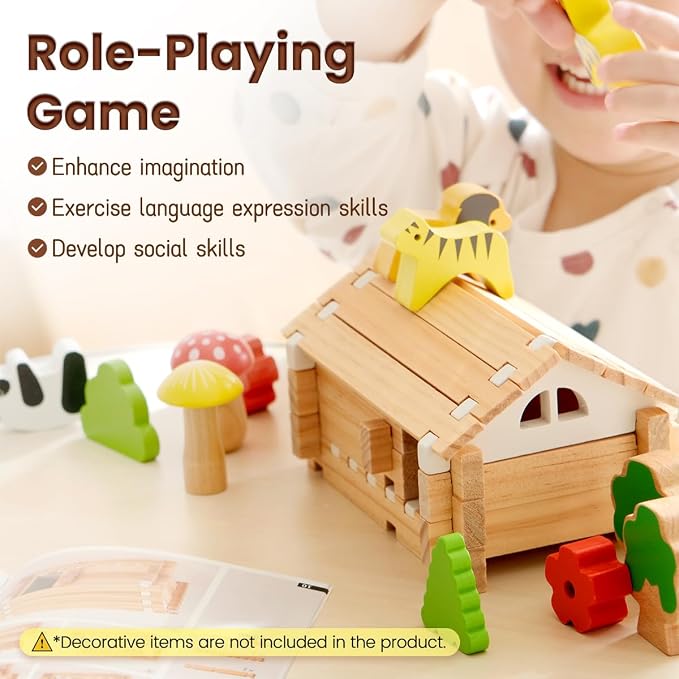 Jovi-mindly＆Notchies 63PCS Wooden Blocks Beginner Set Wooden Blocks |Preschool Learning Toys Wood Blocks Building for Kids Ages 3+ Creative Construction Game,FSC Certified,Birthday Toys Gifts