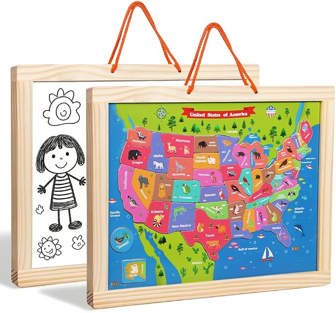 GRINNIE USA Map Puzzle for Toddlers 3 4 5 Years Old, Magnetic Wooden Jigsaw Learning Puzzle with Writing Board for Kids Age 4-6, Preschool Educational Toy Gift for Boys Girls Birthday Christmas