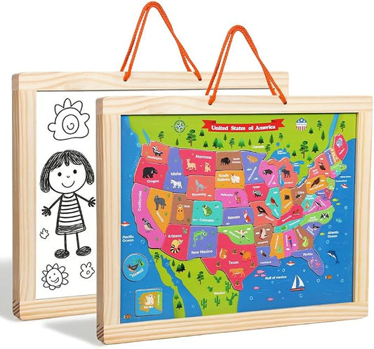 GRINNIE USA Map Puzzle for Toddlers 3 4 5 Years Old, Magnetic Wooden Jigsaw Learning Puzzle with Writing Board for Kids Age 4-6, Preschool Educational Toy Gift for Boys Girls Birthday Christmas