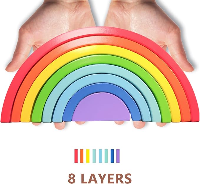TUOWITA Wooden Rainbow Stacking Toy, Large Wood Stacker Arch Game, Montessori Arch Bridge Rainbow Building Blocks, Colorful Stacking Blocks Puzzles for Kids 3 4 5 Years Old, Rainbow Decor (8 Layers)