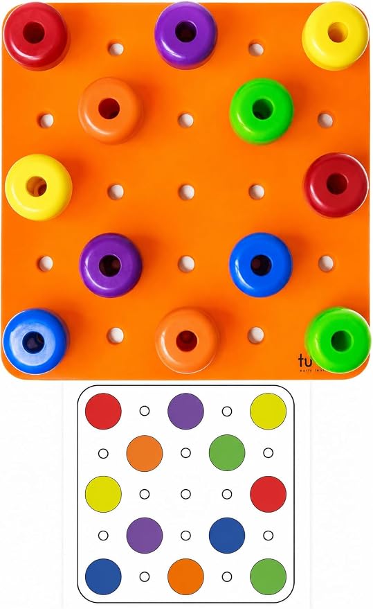 Toddler Peg Board Sensory Montessori Fine Motor Skills Educational Toys - 30 Stackable Pegs + Pattern Card + Drawstring Backpack + E-Book (Orange)