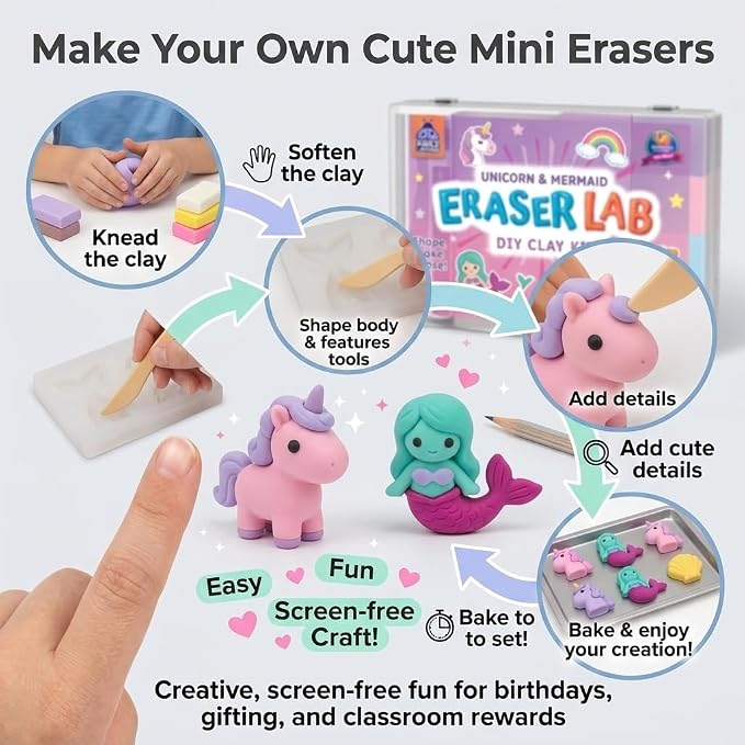 Eraser Lab Mermaid & Unicorn Eraser Making Kit for Kids 4-12 | Birthday Gift for Girls Ages 5-10, DIY Clay Eraser Kit, Gift for 7 Year Old Girl, Back to School Supply