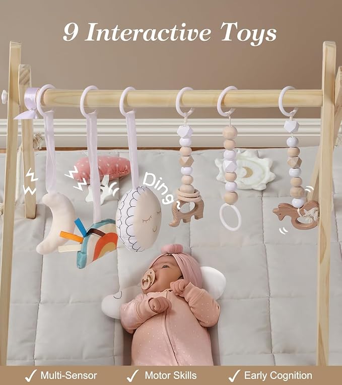 Wooden Play Gym with Beige Mat, Foldable Baby Play Gym, Infant Activity Mat with 6 Hanging Toys, Natural Pine Wood Frame Activity Center, Easy to Assemble & Clean, Newborn Present for Boys & Girls