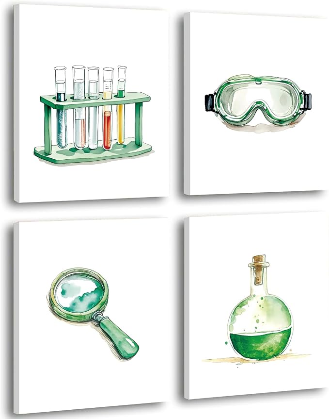 Framed Science Wall Art Canvas Prints,Microbiology Chemistry Wall Prints | Colorful and Interesting Science Explore Canvas Posters for Laboratory Kids Classroom Bulletin Board Decor Set of 4 (8"x10")