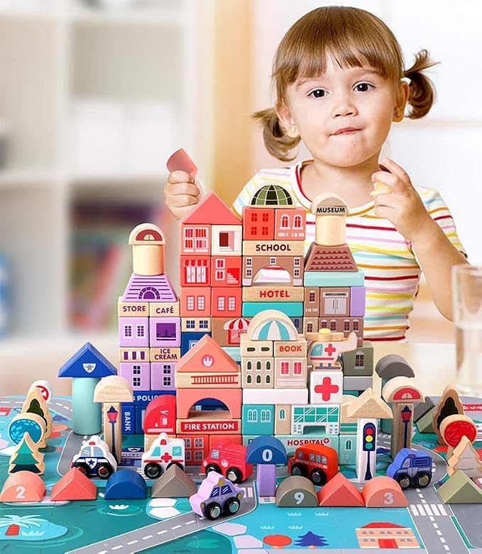 umbresen 115 Pcs Wooden City Building Blocks Set, Colorful Stacking Preschool Educational Toys for Toddlers Boys Girls Gifts with 20 Pcs Floor Jigsaw Puzzle and Storage Bag (City Building Toy Set)