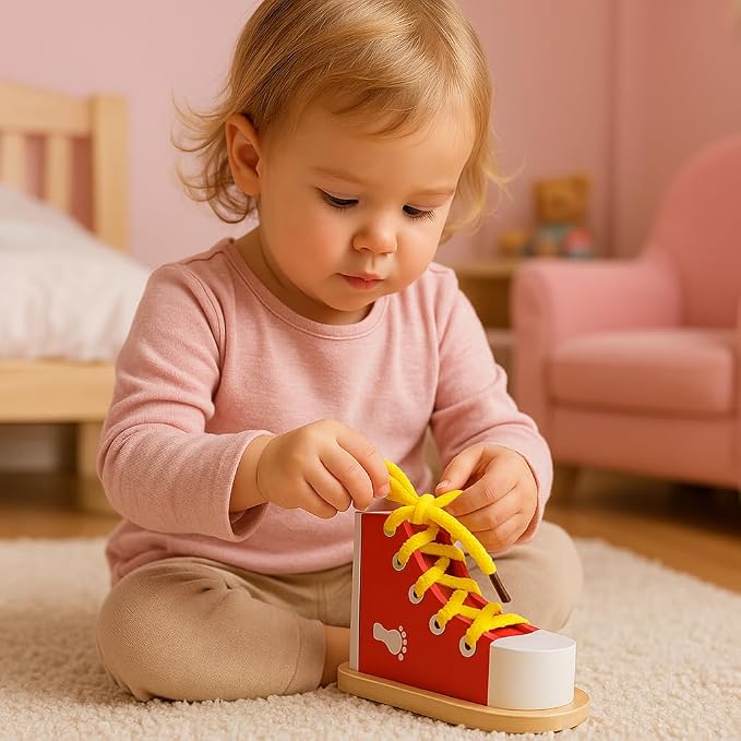 Shoe Tying Practice For Kids Wooden Board Learn To Tie Lacing Toy RED