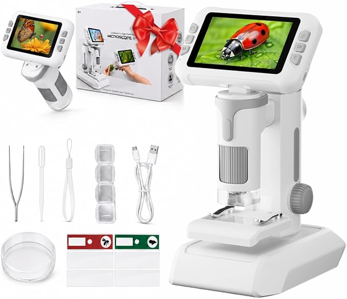 1600X Microscope for Kids, 4K 4.0" Digital Screen Kids Microscopes with Slides Kit, Handheld Microscope, Science Kits for Kids, STEM Toys for Christmas Birthday Gifts for 3-14 Girls Boys Child (Grey)