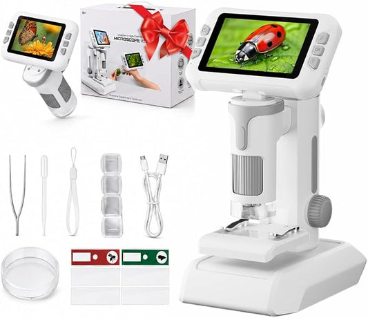 1600X Microscope for Kids, 4K 4.0" Digital Screen Kids Microscopes with Slides Kit, Handheld Microscope, Science Kits for Kids, STEM Toys for Christmas Birthday Gifts for 3-14 Girls Boys Child (Grey)