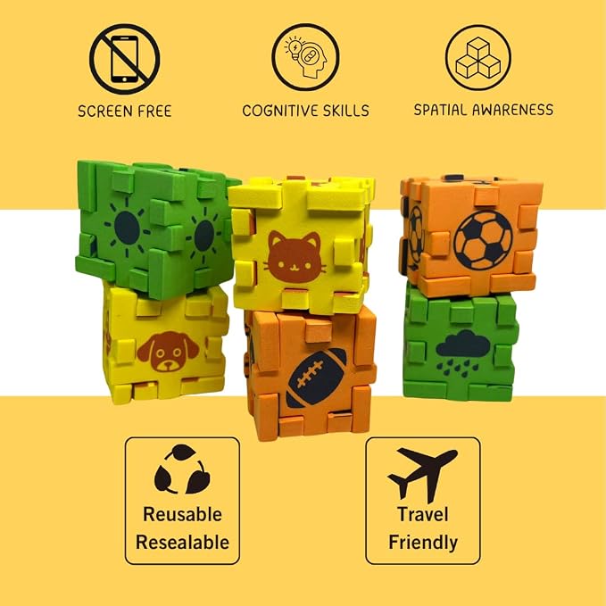 2D & 3D Foam Puzzle for Kids 3+, Rainbow & Cloud Calming Travel Toy, Quiet Screen-Free Busy Bag for Airplanes & Road Trips, Montessori STEM Fine-Motor Activity – Green