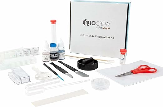 AmScope SP-18 Outlet 40-Piece Deluxe Microscope Slide Kit with Stains | 40-Piece Premium Slide Preparation Kit with Shrimp Hatchery Experiment Two Stains