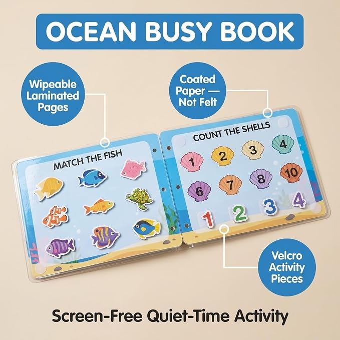 Montessori Busy Book (Ocean Theme) – Preschool Learning Activities for Ages 3+, Fine Motor Skills, Interactive Velcro Activity Book, Travel Toy for Kids