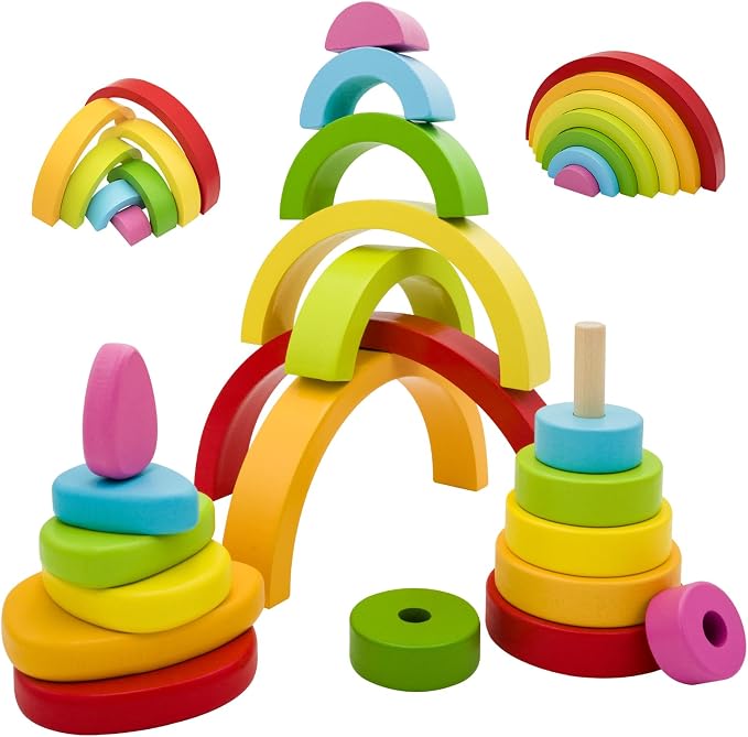 MEGRANATE Montessori Wooden Rainbow Stacking Toys for Kids Wood Building Blocks Nesting Puzzle Toy Colorful Stacker Arch Game Sensory Educational Learning Toys for 3+ Year Old Kids