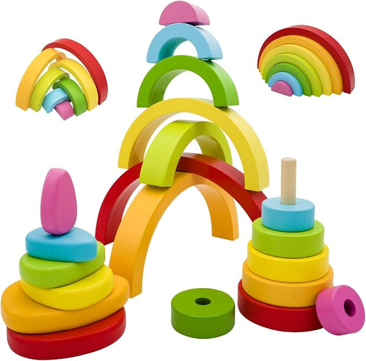 MEGRANATE Montessori Wooden Rainbow Stacking Toys for Kids Wood Building Blocks Nesting Puzzle Toy Colorful Stacker Arch Game Sensory Educational Learning Toys for 3+ Year Old Kids