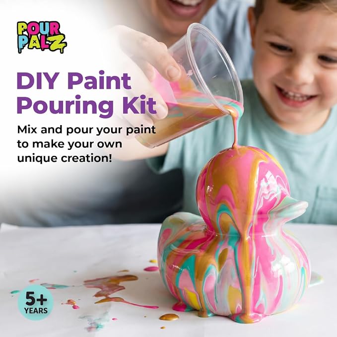 Paint Pour Duck DIY Paint Pouring Art Kit for Kids & Adults, Collectible Duck Figure Craft Set, Paint Your Own DIY Art Activity Kit with Acrylic Paints, Ages 5+, Golden Dream
