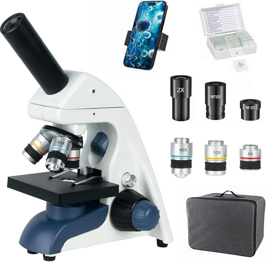 Professional Compound Monocular Microscopes for Adults, Kids 8-12 & Students | 40X-2000X Magnification Lab & Home Microscope with Phone Holder, Complete Slides Set