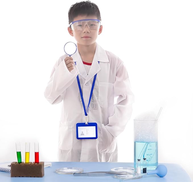 Doctor Scientist Costume Kids Lab Coat and Goggles Children Dress Up Kit with ID Card Magnifying Glass for Halloween