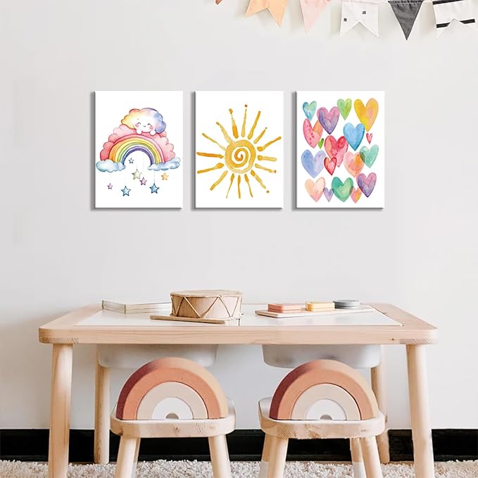 Rainbow Sun Heart Framed Canvas Wall Art,Pink Watercolor Decor 12x16in | Boho Rainbow Nursery Canvas Painting Bedroom Bathroom Classroom Wood Framed