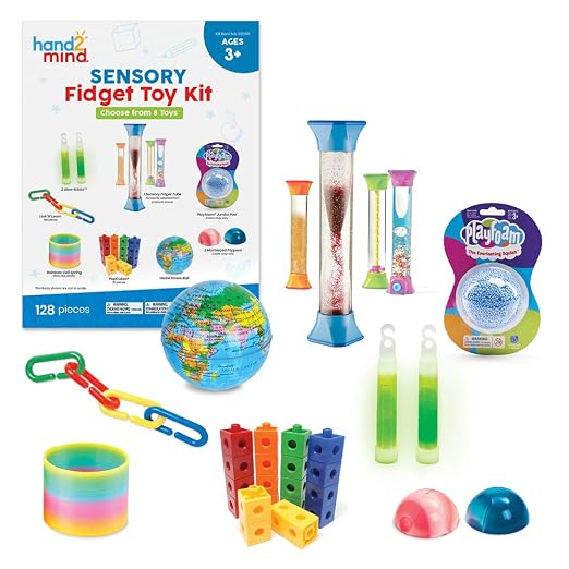 hand2mind Sensory Fidget Toy Kit, Play Therapy Toys, Fidget Tube, Mini Glow Sticks, Play Foam, Stress Ball, Anxiety Sensory Items, Occupational Therapy Toys, Calm Down Corner Supplies (128 Pieces) | Sensory Fidget Toy Set, Calming Corner Classroom, Anx...