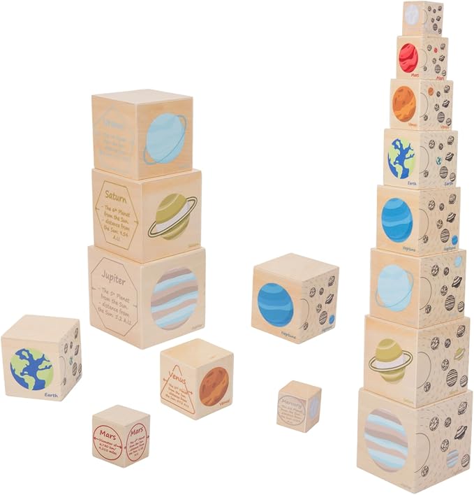 Wooden Solar System Nesting & Stacking Blocks, Planets Toy for Kids 3-5 | Montessori Space Toy,Sorting & Stacking Boxes,Preschool Educational Science Toy for Toddlers Boys & Girls (8 Planets)