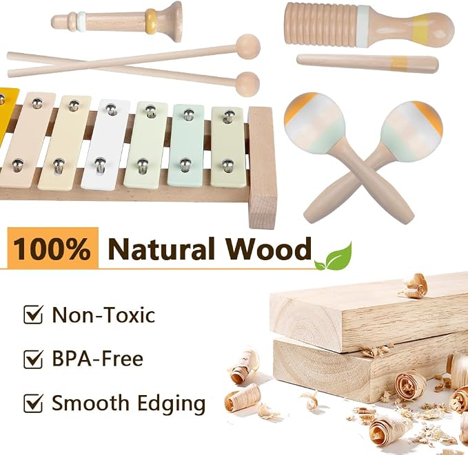 Baby Musical Instruments-Montessori Wooden Toys for Toddlers | Neutral Colors Percussion Instruments Set with Modern Boho Xylophone for Kids Preschool Educational (Neutral)