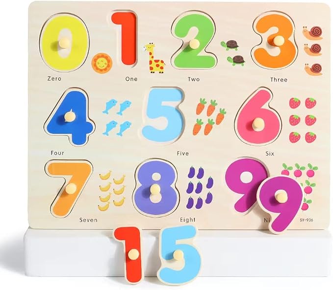 GRINNNIE Wooden Montessori Toddler Puzzles for 3 4 5 Years Old, 3 Pcs (Number, Letter, Shape) Kids Preschool Educational Peg Puzzle Set