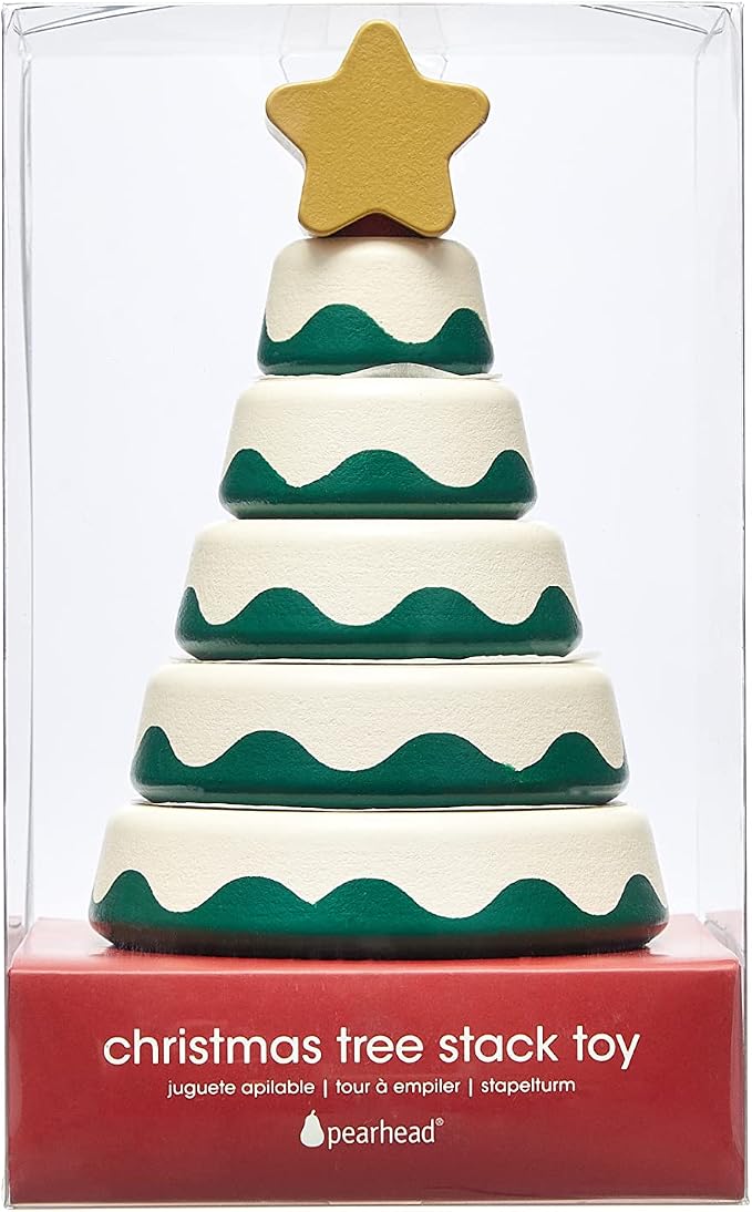 Pearhead Wooden Christmas Tree Stacking Toy Set, Holiday Toys for Toddlers