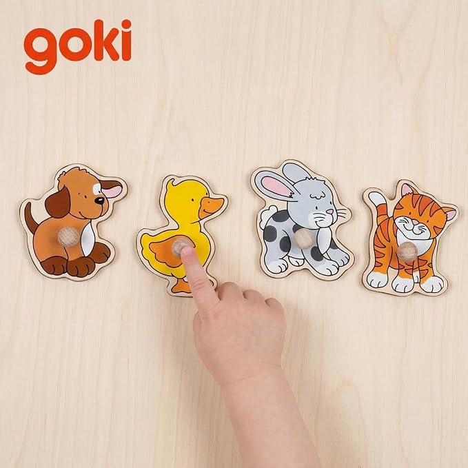 GOKI Wooden Peg Puzzle for Toddlers – Montessori Inspired Learning Toys for Toddlers I Farm Animals Knob Puzzle Ages 1+ Develops Fine Motor Skills and Shape Recognition I Designed with Love in Germany