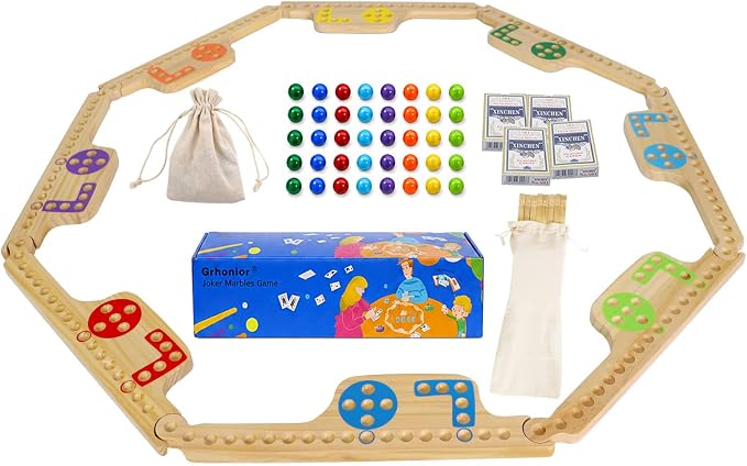 Jokers and Marbles Board Game Wooden Pegs and Jokers Game 2-8 Players | 8 Wood Game Boards 8 Colors 40 Marbles 4 Decks of Cards Instructions Family Tabletop Game Gift for Adults and Families