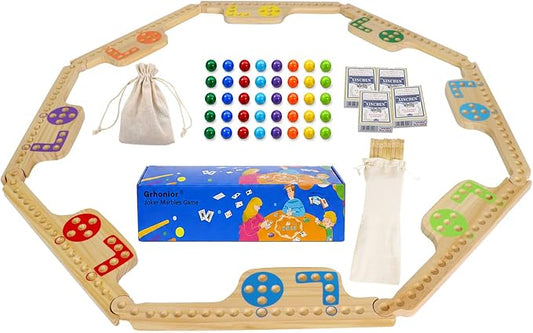 Jokers and Marbles Board Game Wooden Pegs and Jokers Game 2-8 Players | 8 Wood Game Boards 8 Colors 40 Marbles 4 Decks of Cards Instructions Family Tabletop Game Gift for Adults and Families