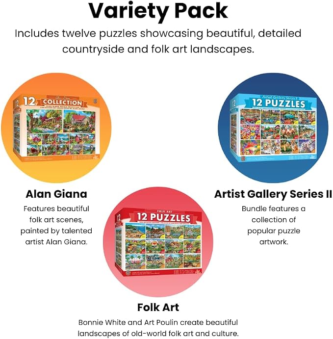 MasterPieces 12 Pack Jigsaw Puzzles for Adults, Family, Or Kids - Artist Gallery 12-Pack Bundle - 500, 300, and 100 Piece Puzzles | 12 pack jigsaw puzzles for adults, families & kids with 500, 300 & 100 piece art puzzles for game night, gifts & relaxin...