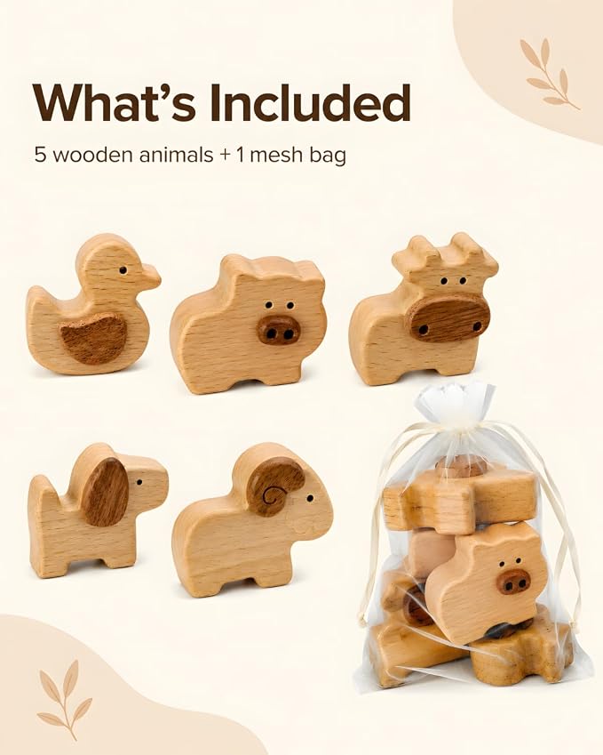 5-Piece Wooden Farm Animal Blocks for Toddlers 1-3 | Solid Beech & Sapele, Montessori Stacking Toys, 2cm Thick Choke-Safe, Birthday Gifts