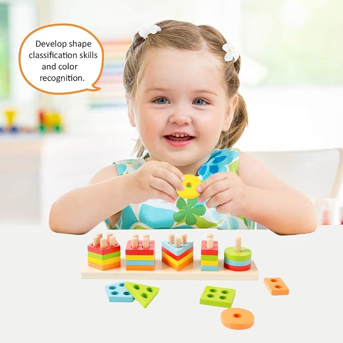 Wood City Wooden Montessori Toys for 1 2 3 Year Old Boys Girls Toddlers, Sorting & Stacking Toys for Toddlers and Kids Preschool, Educational Color Recognition Shape Sorter, Learning Puzzles Gift