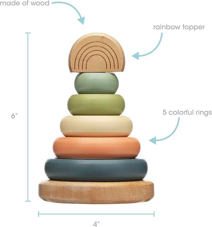 Pearhead Wooden Rainbow Stacking Ring Toy, Montessori Baby Stacker | Neutral Color Sorting Rings, Fine Motor Play, Hand-Eye Coordination, Nursery Decor, Baby or Toddler Gift, Ages 12M+