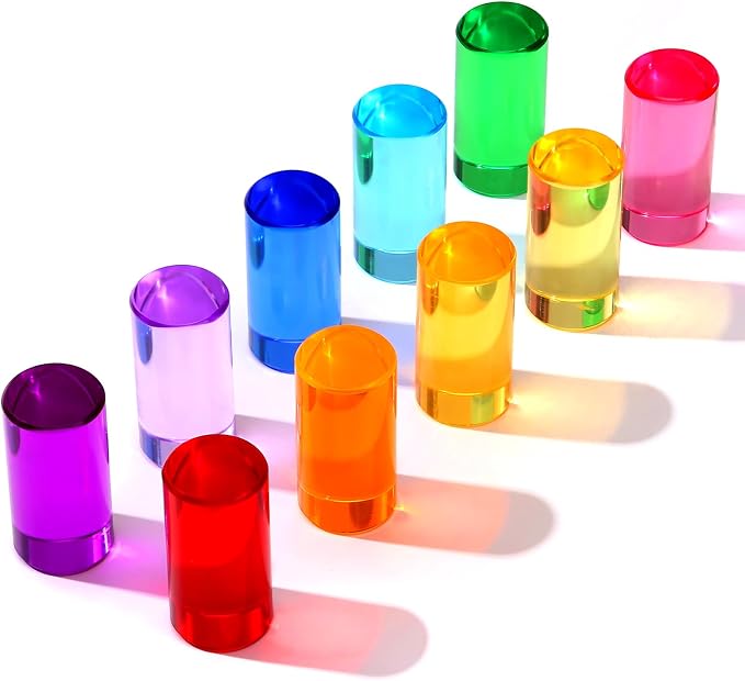 Rainbow Acrylic Blocks, 10 Stackable Cylinders for Kids Ages 3+ | 10 acrylic color blocks, 2 x 1 in, stackable, ages 3+, white paper box for gift wrap, preschool and light table use