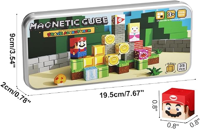 Magnetic Adventure Travel STEM：35PCS Mini Blocks Kit for Ages 3-5 | Magnetic Tin Box Baseplate, 35 Adventure Builds, 40+ Min Focus, 0.8in Mini, N32 Magnets, ASTM Certified, Travel Ready