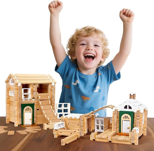 Jovi-mindly＆Notchies 107 Pcs STEM Wooden Blocks Toys with Door＆Windows|Learning Building Blocks Toy for Kids Ages 4-8 Boys and Girls|Classic Old Fashioned Toys Gifts for Birthday