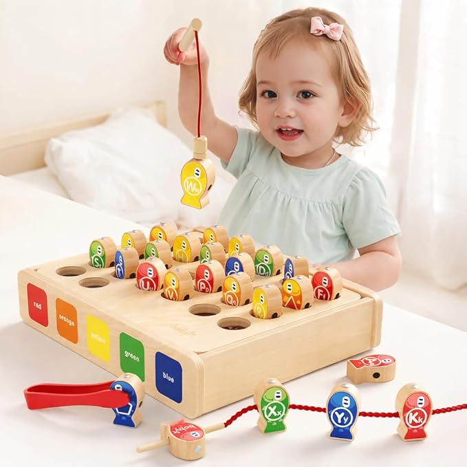Montessori 6-in-1 Fishing Toys for Toddlers 3+, Wooden Magnetic Fish Game, Educational Preschool Learning Box—Fine Motor Skills, Color & Shape Sorter, Lacing Beads, Alphabet Matching Set for Kids