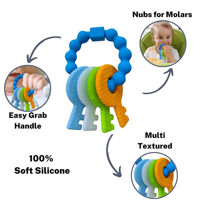 Baby Keys Teether Toys,Silicone Teething Toys for 3-18+ Months,Teething Keys Toy for Infants-Soft & Raised Texture to Soothe Gums,BPA Free (4Colors)