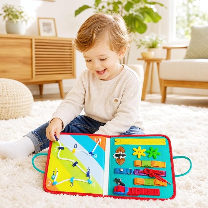 Montessori Busy Board & Busy Book for Toddlers with 10+ Sensory Activities, Fine Motor Skills Learning Toy with Shoe Lacing Practice, Quiet Travel Toy for Airplane & Car, Birthday Gift for Boys Girls
