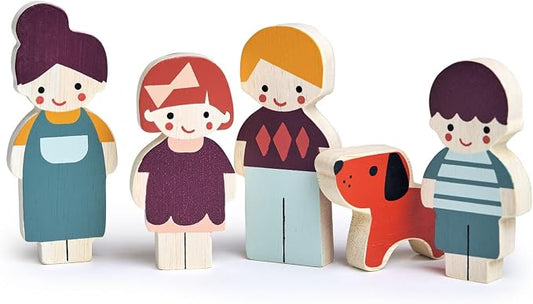 Mentari Toys - Doll Family with Dog - 5pc Solid Wood Doll Set with Playful Pup - Perfectly Sized for Pockets and Little Hands - Encourages Imaginative Play and Social Skills - Age 12m+
