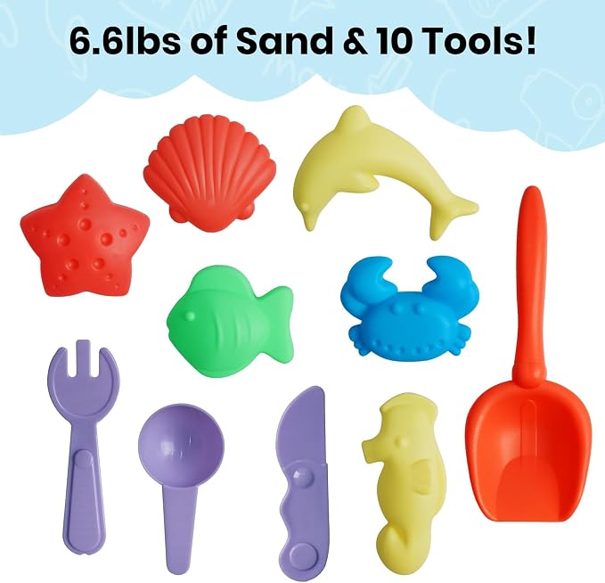 FURWEY Play Sand Set,6.6lbs Colorful Sensory Sand,10 Tools Molds,Art Kit | Play Sand Art Kits for Children Ages 3+ to Relaxing Creative Activities, Sensory Play Set with Tools