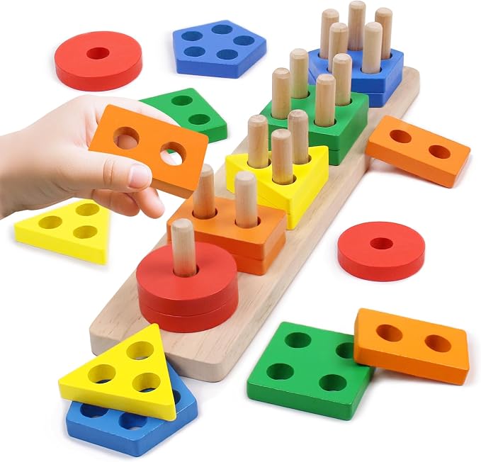Montessori Toys Stacking & Sorting Learning Shape Sorters for Toddlers 1-3 | Color Sorting Wooden Baby Stacking Toys, Preschool Learning Activities Sensory Toys for Toddler 1-3, Christmas Gift for Kids