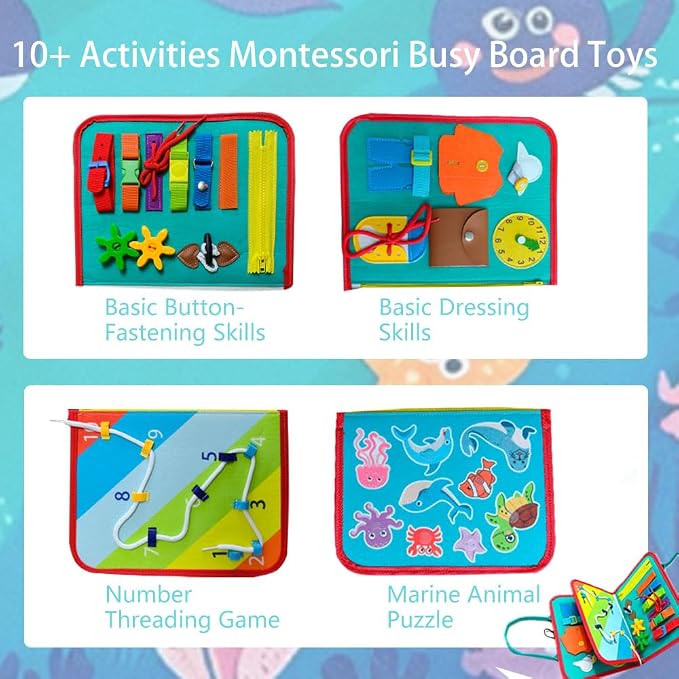 Montessori Busy Board & Busy Book for Toddlers with 10+ Sensory Activities, Fine Motor Skills Learning Toy with Shoe Lacing Practice, Quiet Travel Toy for Airplane & Car, Birthday Gift for Boys Girls