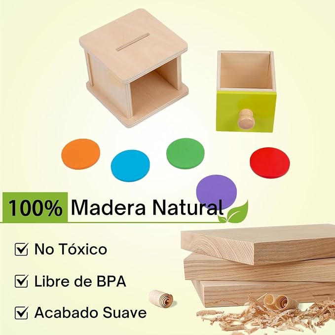 Adena Montessori Coin Box, Yellow-Green Door, 6-12m | 6 wooden coins. Flip-top door & drawer. Teaches object permanence & fine motor. Montessori toy. Gift 6-12m.